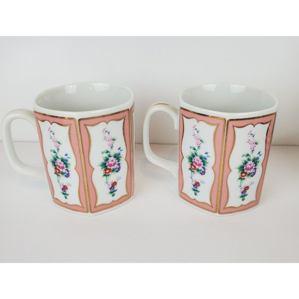 2 Vintage Hand Painted Flower Panels Lefton China Japan Coffee Cups Mugs 05000